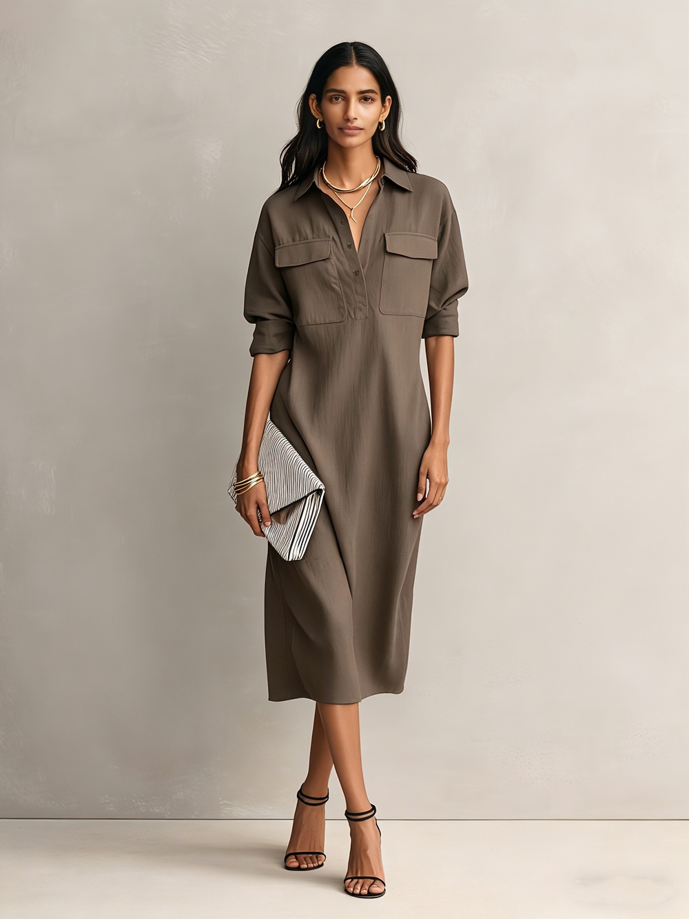 Modesees NWT Cotton Linen Blend Safari Shirt Midi Dress Minimalist Quiet Luxury